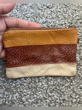 Vintage boho Leather patchwork coin purse Zip Pouch - Tan, Brown & Cream